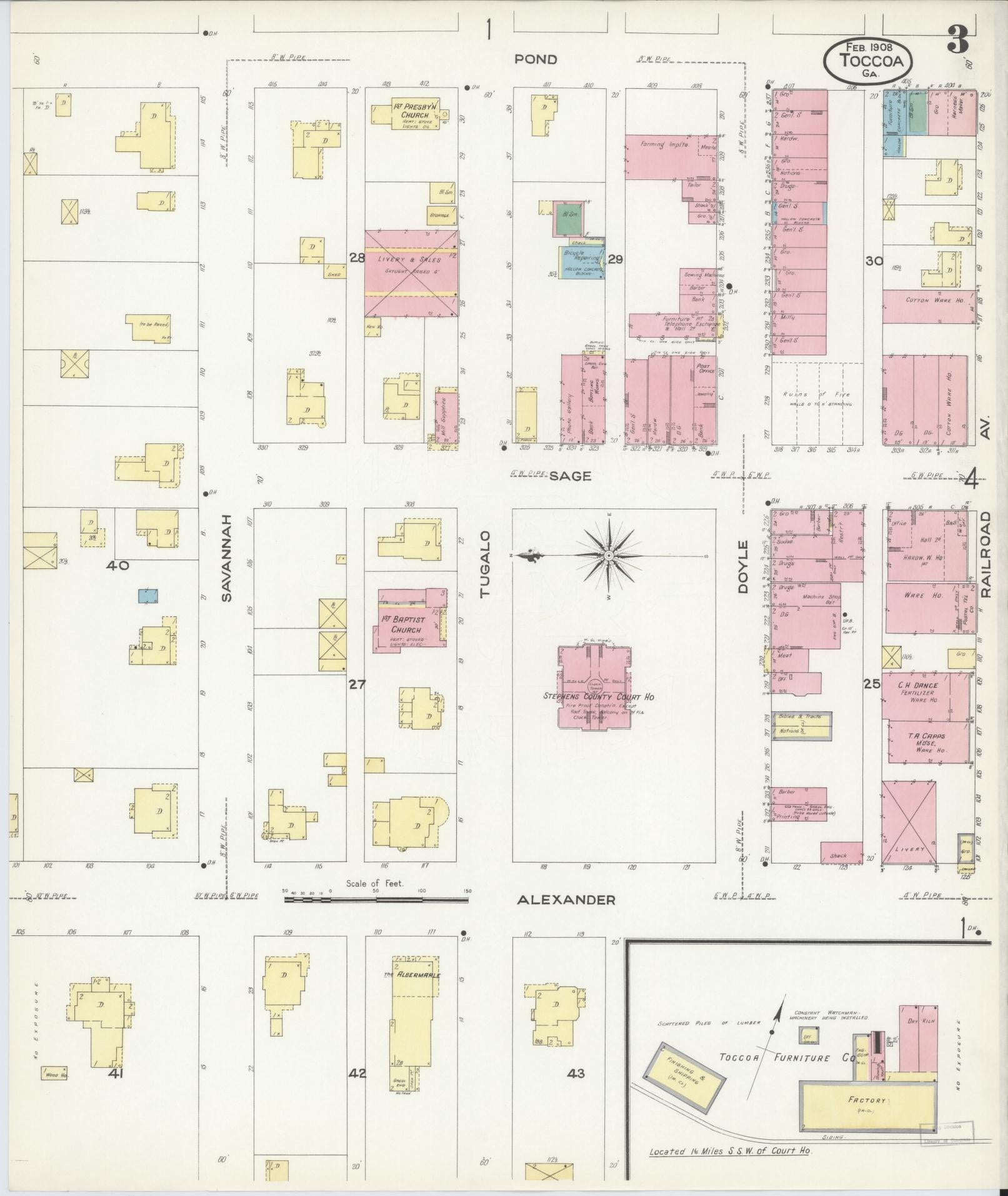 Sanborn Fire Insurance Map from Toccoa, Stephens County, Georgia (1908), Sheet #0003 - Complete Map Set gallery image, historic Sanborn map, vintage wall art, Georgia Georgia