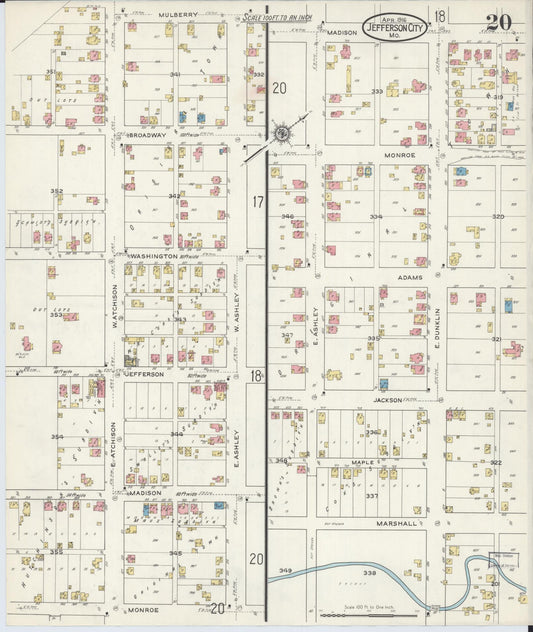 Sanborn Fire Insurance Map from Jefferson City, Cole County, Missouri (1916), Sheet #0020 - Historic Sanborn Fire Insurance Map Print, vintage old map wall art, antique decor, genealogy gift, Missouri Missouri map