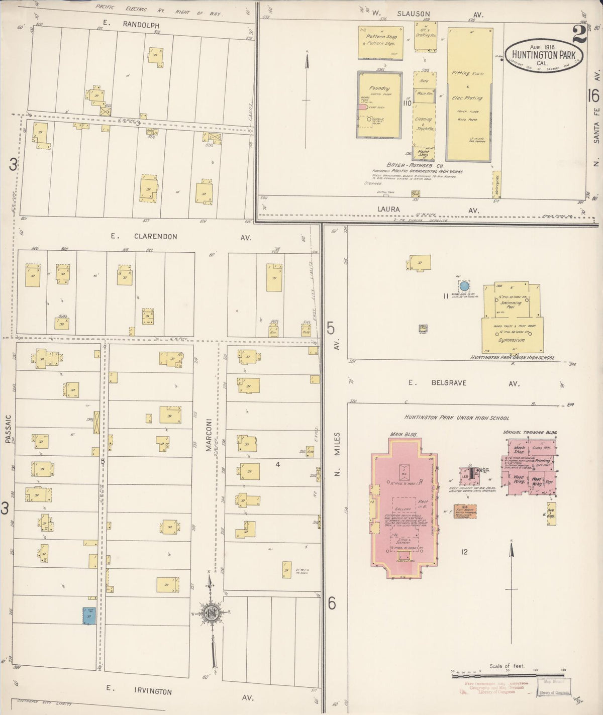 Sanborn Fire Insurance Map from Huntington Park, Los Angeles County, California (1916), Sheet #0002 - Complete Map Set gallery image, historic Sanborn map, vintage wall art, California California