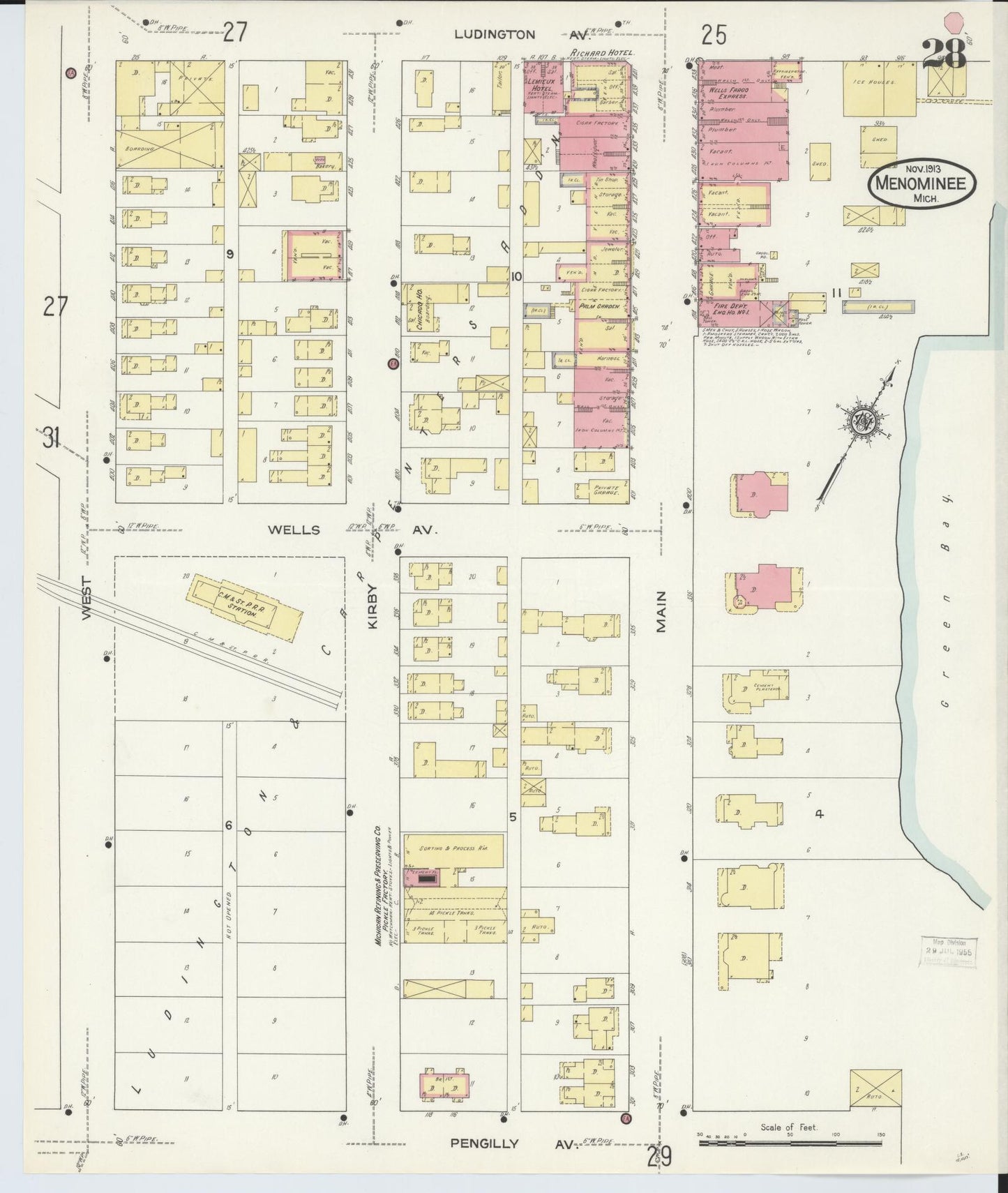 Sanborn Fire Insurance Map from Menominee, Menominee County, Michigan (1913), Sheet #0028 - Complete Map Set gallery image, historic Sanborn map, vintage wall art, Michigan Michigan