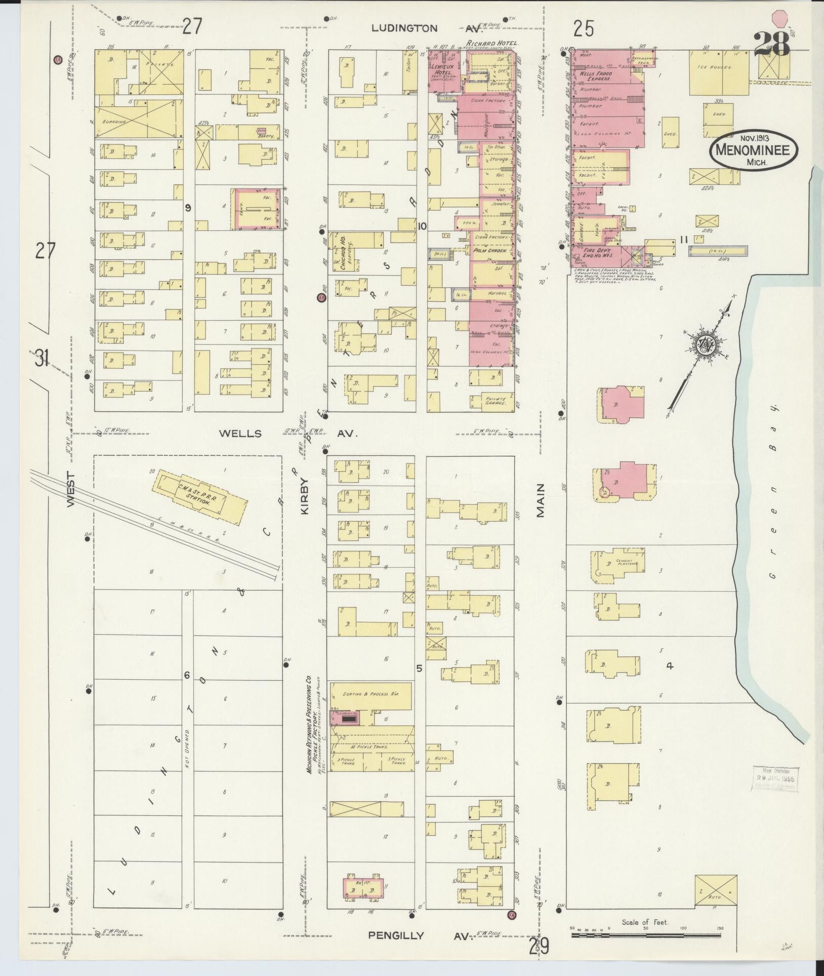 Sanborn Fire Insurance Map from Menominee, Menominee County, Michigan (1913), Sheet #0028 - Complete Map Set gallery image, historic Sanborn map, vintage wall art, Michigan Michigan