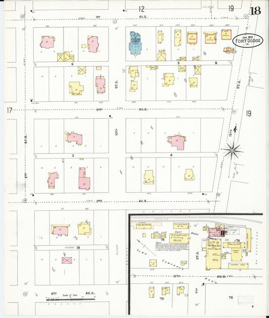 Sanborn Fire Insurance Map from Fort Dodge, Webster County, Iowa (1907), Sheet #0018 - Historic Sanborn Fire Insurance Map Print, vintage old map wall art