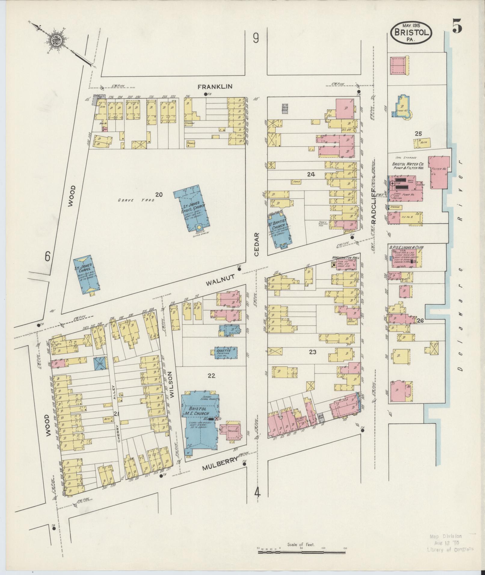 Sanborn Fire Insurance Map from Bristol, Bucks County, Pennsylvania (1915), Sheet #0005 - Historic Sanborn Fire Insurance Map Print, vintage old map wall art, antique decor, genealogy gift, Pennsylvania Pennsylvania map