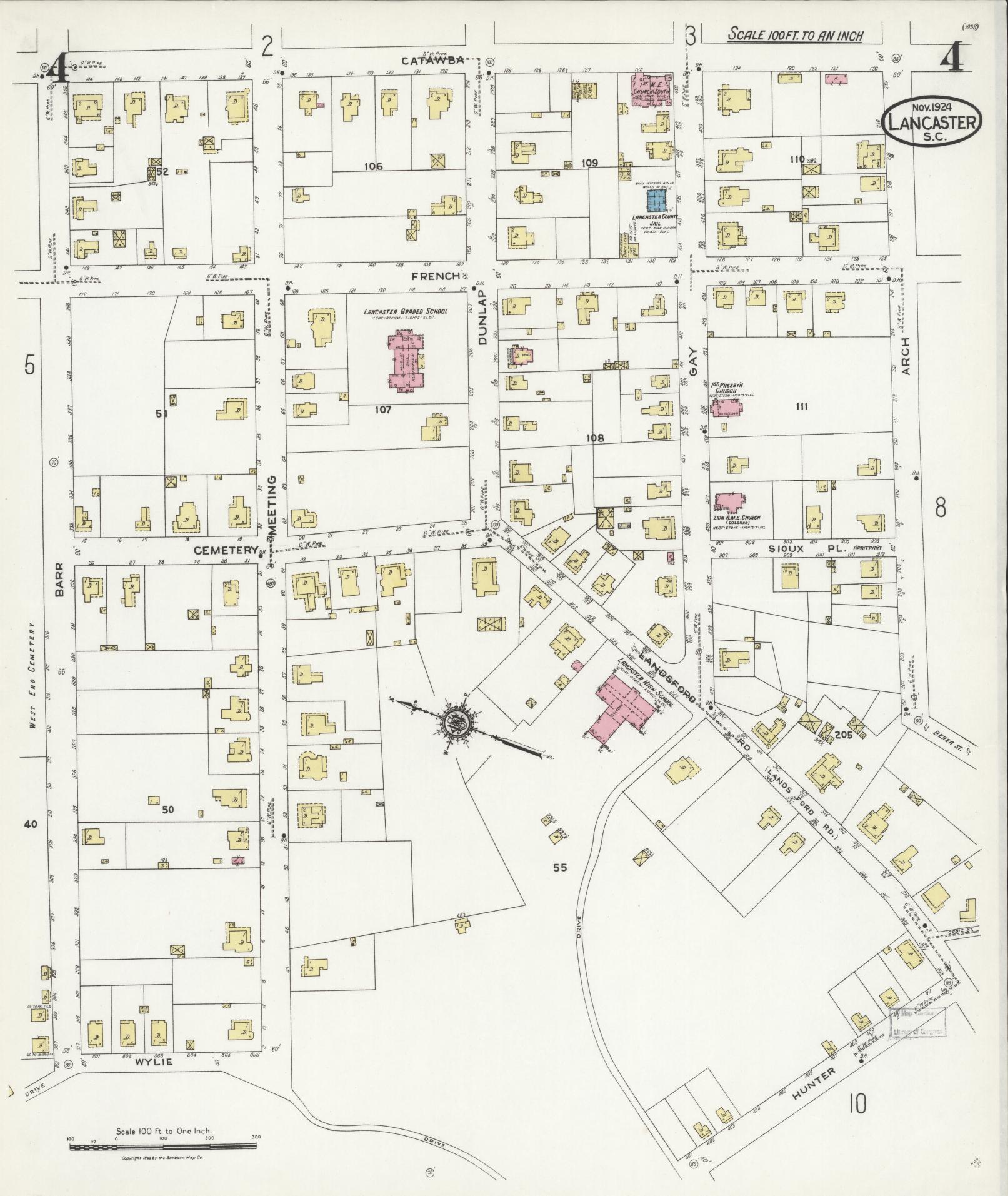 Sanborn Fire Insurance Map from Lancaster, Lancaster County, South Carolina (1924), Sheet #0004 - Complete Map Set gallery image, historic Sanborn map, vintage wall art, South Carolina South Carolina