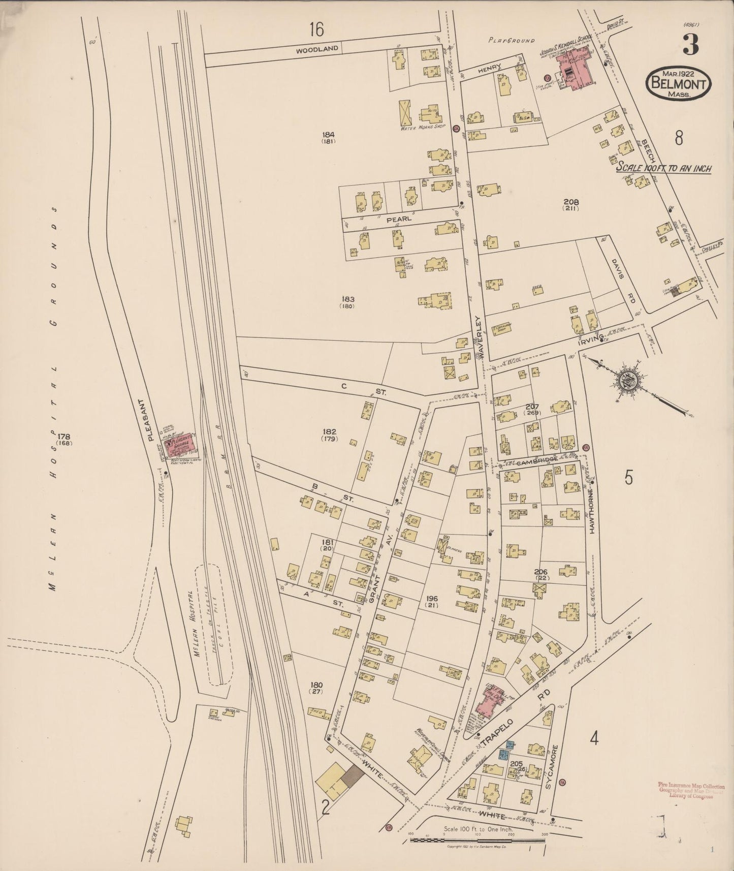 Sanborn Fire Insurance Map from Belmont, Middlesex County, Massachusetts (1922), Sheet #0003 - Historic Sanborn Fire Insurance Map Print, vintage old map wall art, antique decor, genealogy gift, Massachusetts Massachusetts map