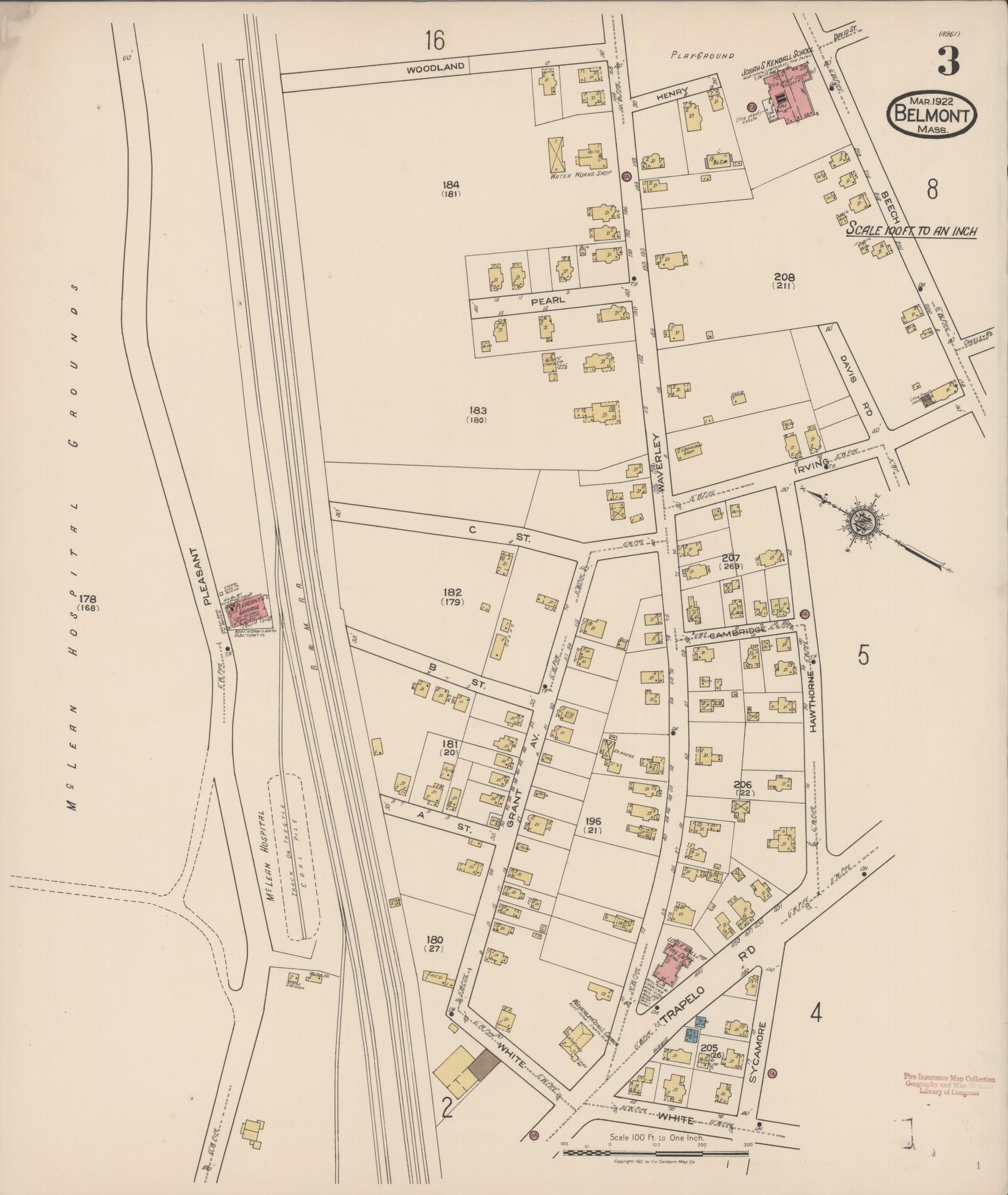 Sanborn Fire Insurance Map from Belmont, Middlesex County, Massachusetts (1922), Sheet #0003 - Historic Sanborn Fire Insurance Map Print, vintage old map wall art, antique decor, genealogy gift, Massachusetts Massachusetts map