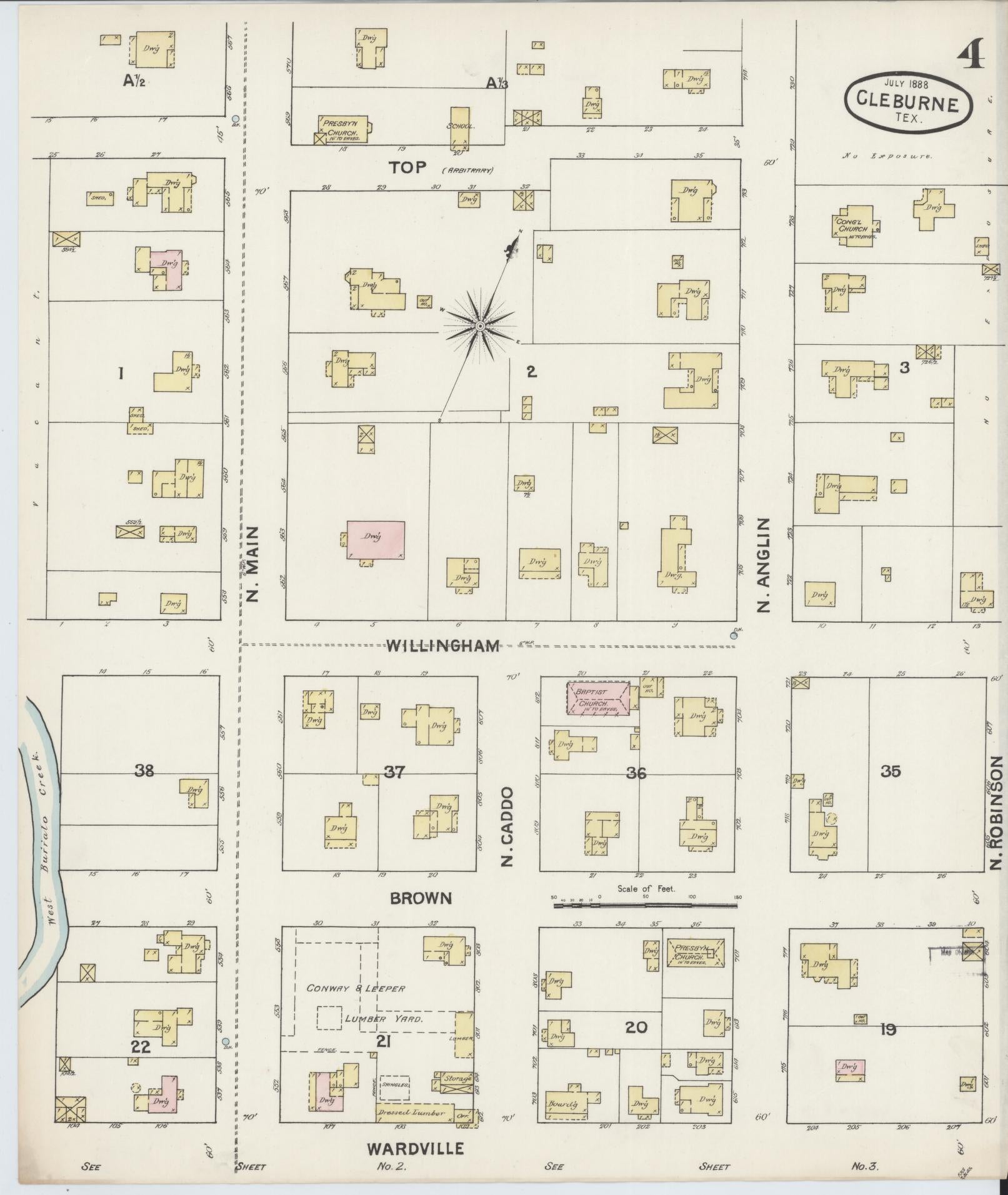 Sanborn Fire Insurance Map from Cleburne, Johnson County, Texas (1888), Sheet #0004 - Historic Sanborn Fire Insurance Map Print, vintage old map wall art, antique decor, genealogy gift, Texas Texas map