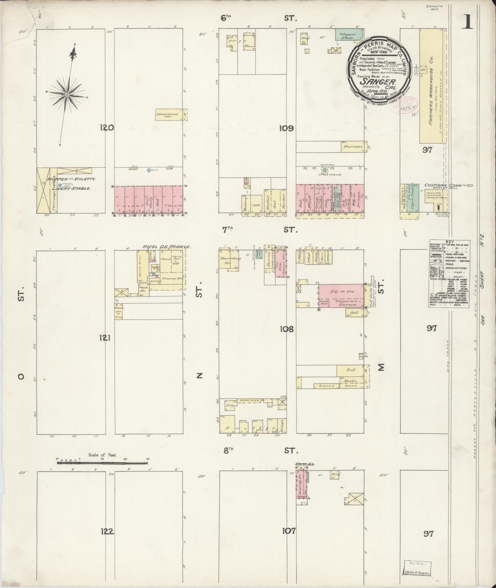Sanborn Fire Insurance Map from Sanger, Fresno County, California (1891), Sheet #0001 - Complete Map Set gallery image, historic Sanborn map, vintage wall art, California California