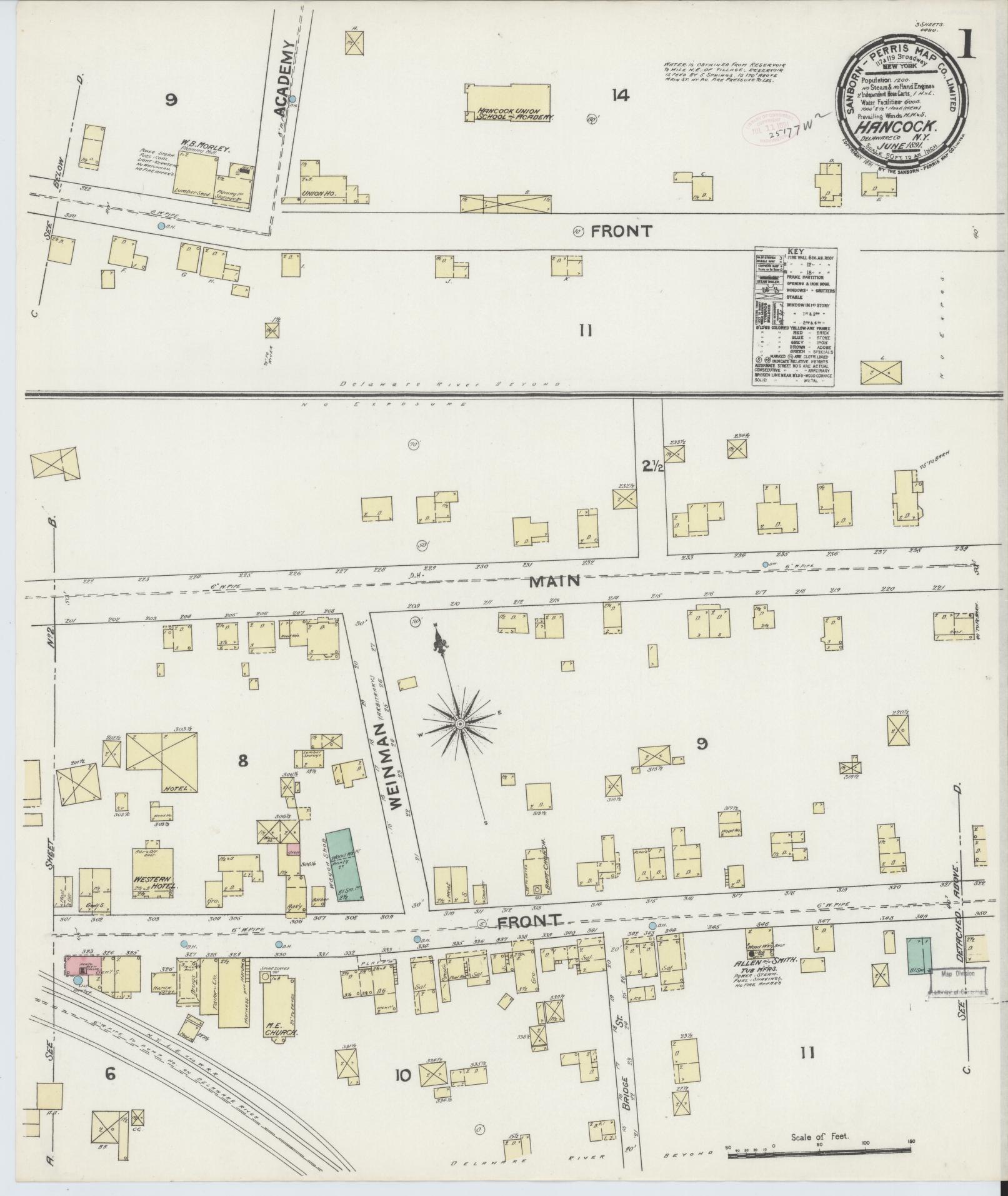Sanborn Fire Insurance Map from Hancock, Delaware County, New York (1891), Sheet #0001 - Historic Sanborn Fire Insurance Map Print, vintage old map wall art, antique decor, genealogy gift, Hancock Delaware map
