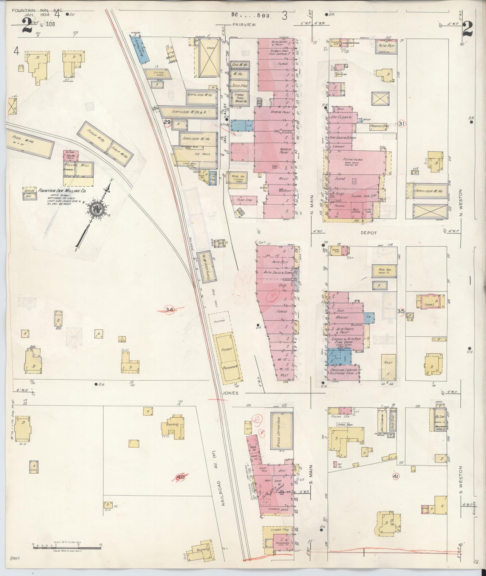 Sanborn Fire Insurance Map from Fountain Inn, Greenville And Laurens County, South Carolina (1947), Sheet #0002 - Complete Map Set gallery image, historic Sanborn map, vintage wall art, South Carolina South Carolina