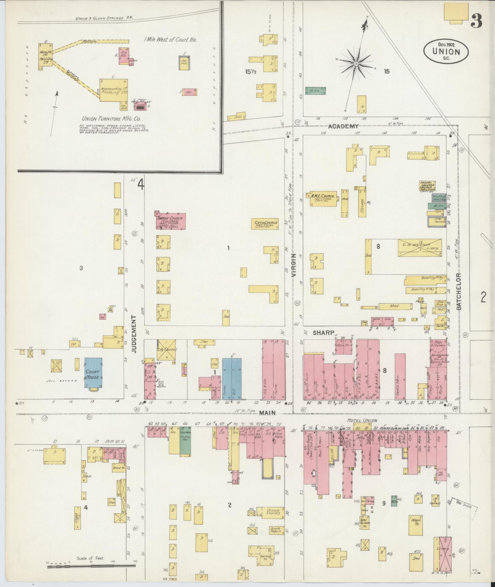 Sanborn Fire Insurance Map from Union, Union County, South Carolina (1902), Sheet #0003 - Complete Map Set gallery image, historic Sanborn map, vintage wall art, South Carolina South Carolina