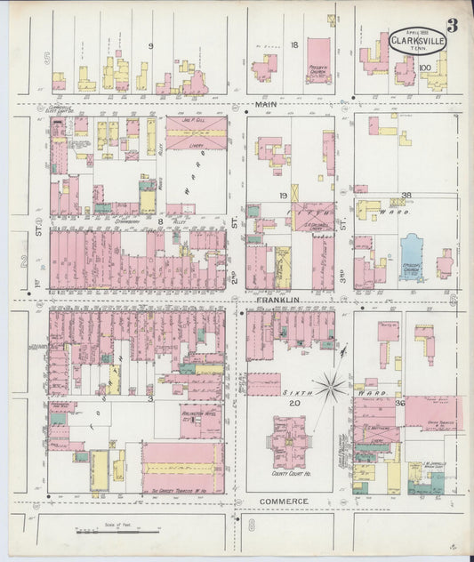 Sanborn Fire Insurance Map from Clarksville, Montgomery County, Tennessee (1893), Sheet #0003 - Historic Sanborn Fire Insurance Map Print, vintage old map wall art, antique decor, genealogy gift, Tennessee Tennessee map