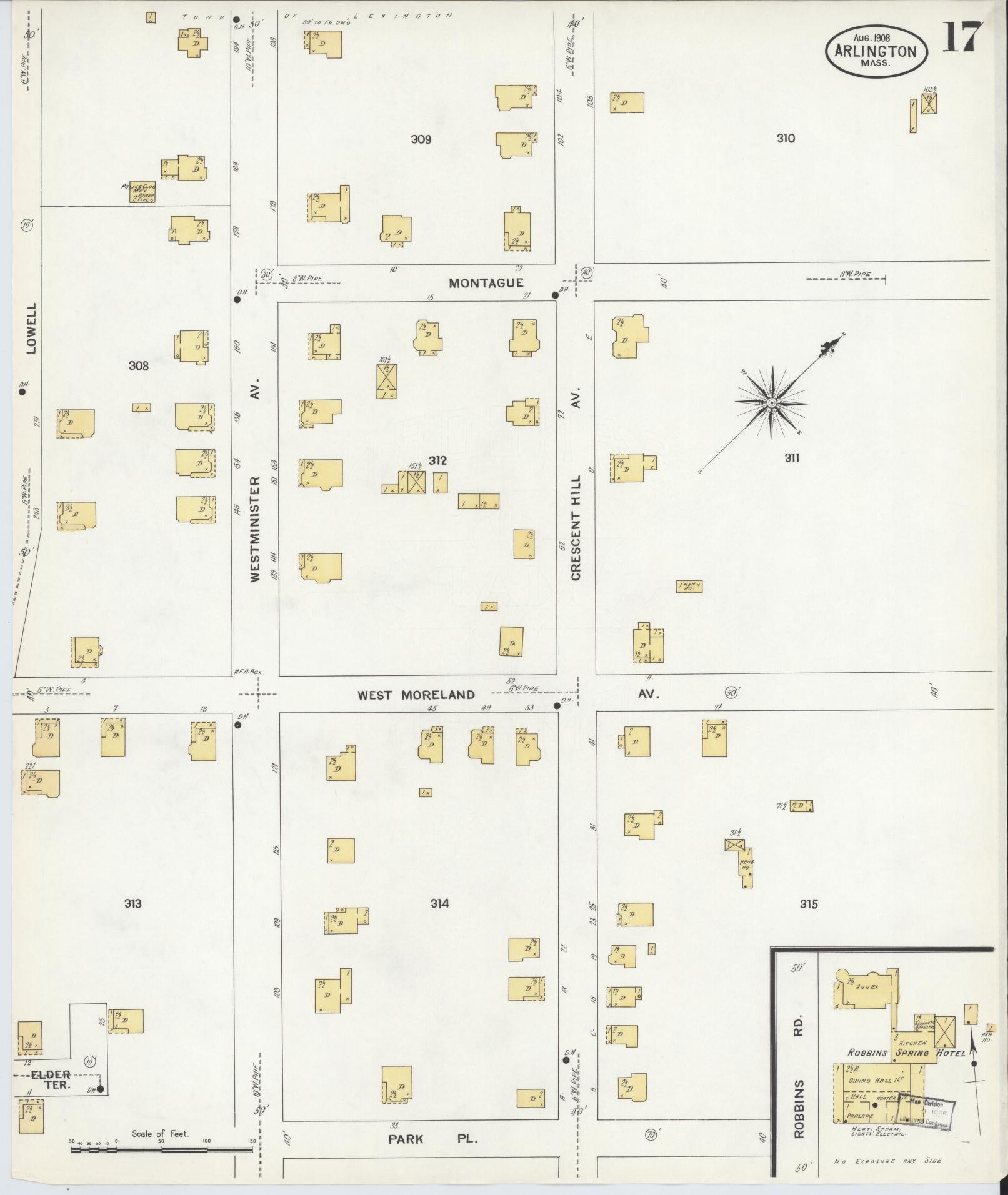 Sanborn Fire Insurance Map from Arlington, Middlesex County, Massachusetts (1908), Sheet #0017 - Complete Map Set gallery image, historic Sanborn map, vintage wall art, Massachusetts Massachusetts