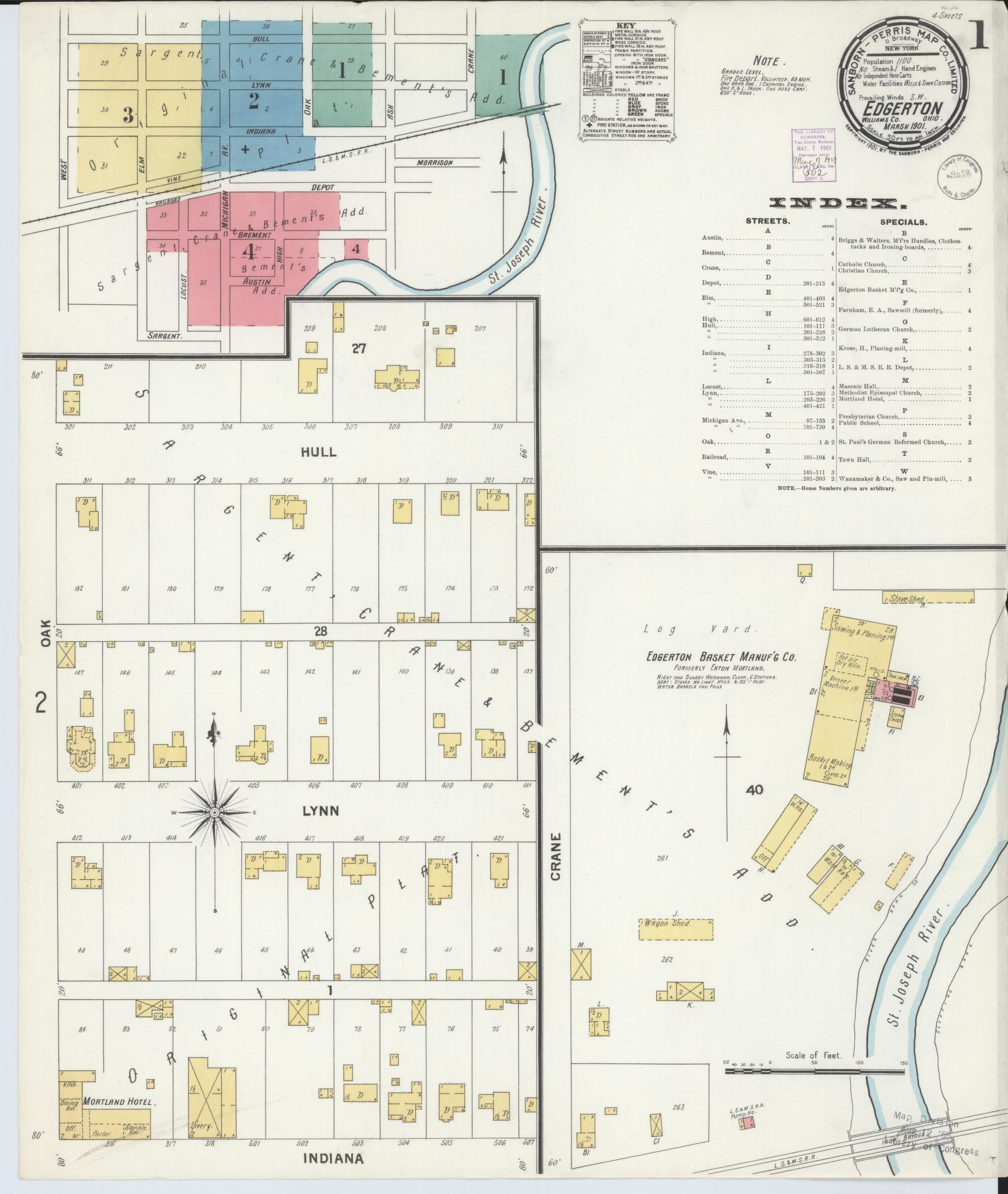 Sanborn Fire Insurance Map from Edgerton, Williams County, Ohio (1901), Sheet #0001 - Historic Sanborn Fire Insurance Map Print, vintage old map wall art, antique decor, genealogy gift, Ohio Ohio map
