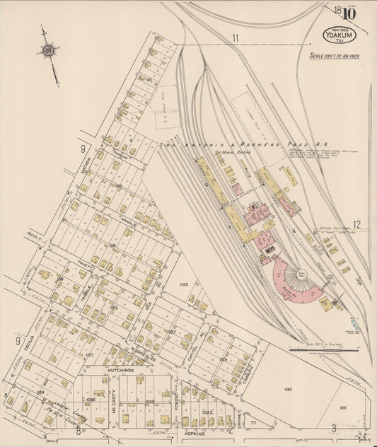 Sanborn Fire Insurance Map from Yoakum, De Witt And Lavaca Counties, Texas (1922), Sheet #0010 - Historic Sanborn Fire Insurance Map Print, vintage old map wall art, antique decor, genealogy gift, Texas Texas map