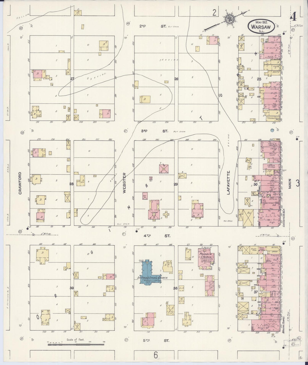 Sanborn Fire Insurance Map from Warsaw, Hancock County, Illinois (1912), Sheet #0004 - Historic Sanborn Fire Insurance Map Print, vintage old map wall art, antique decor, genealogy gift, Illinois Illinois map
