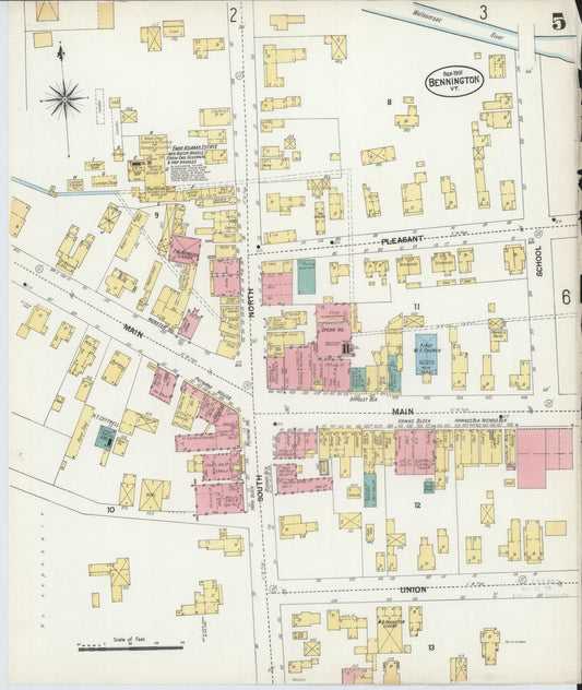 Sanborn Fire Insurance Map from Bennington, Bennington County, Vermont (1901), Sheet #0005 - Historic Sanborn Fire Insurance Map Print, vintage old map wall art, antique decor, genealogy gift, Vermont Vermont map