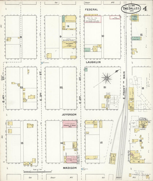 Sanborn Fire Insurance Map from The Dalles, Wasco County, Oregon (1892), Sheet #0004 - Historic Sanborn Fire Insurance Map Print, vintage old map wall art, antique decor, genealogy gift, Oregon Oregon map