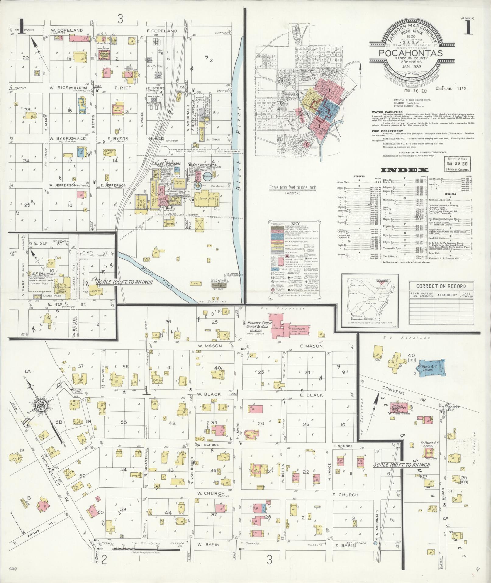 Sanborn Fire Insurance Map from Pocahontas, Randolph County, Arkansas (1933), Sheet #0001 - Complete Map Set gallery image, historic Sanborn map, vintage wall art, Arkansas Arkansas