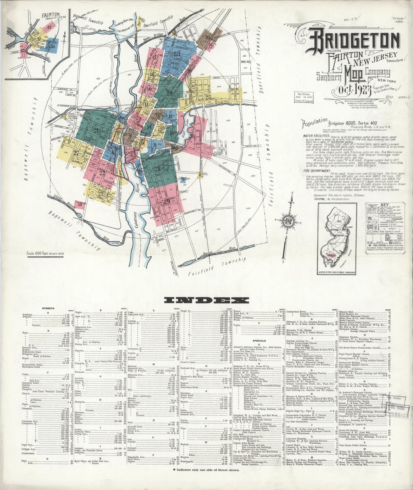 Sanborn Fire Insurance Map from Bridgeton, Cumberland County, New Jersey. (1923) – Historic Sanborn Fire Insurance Map Print