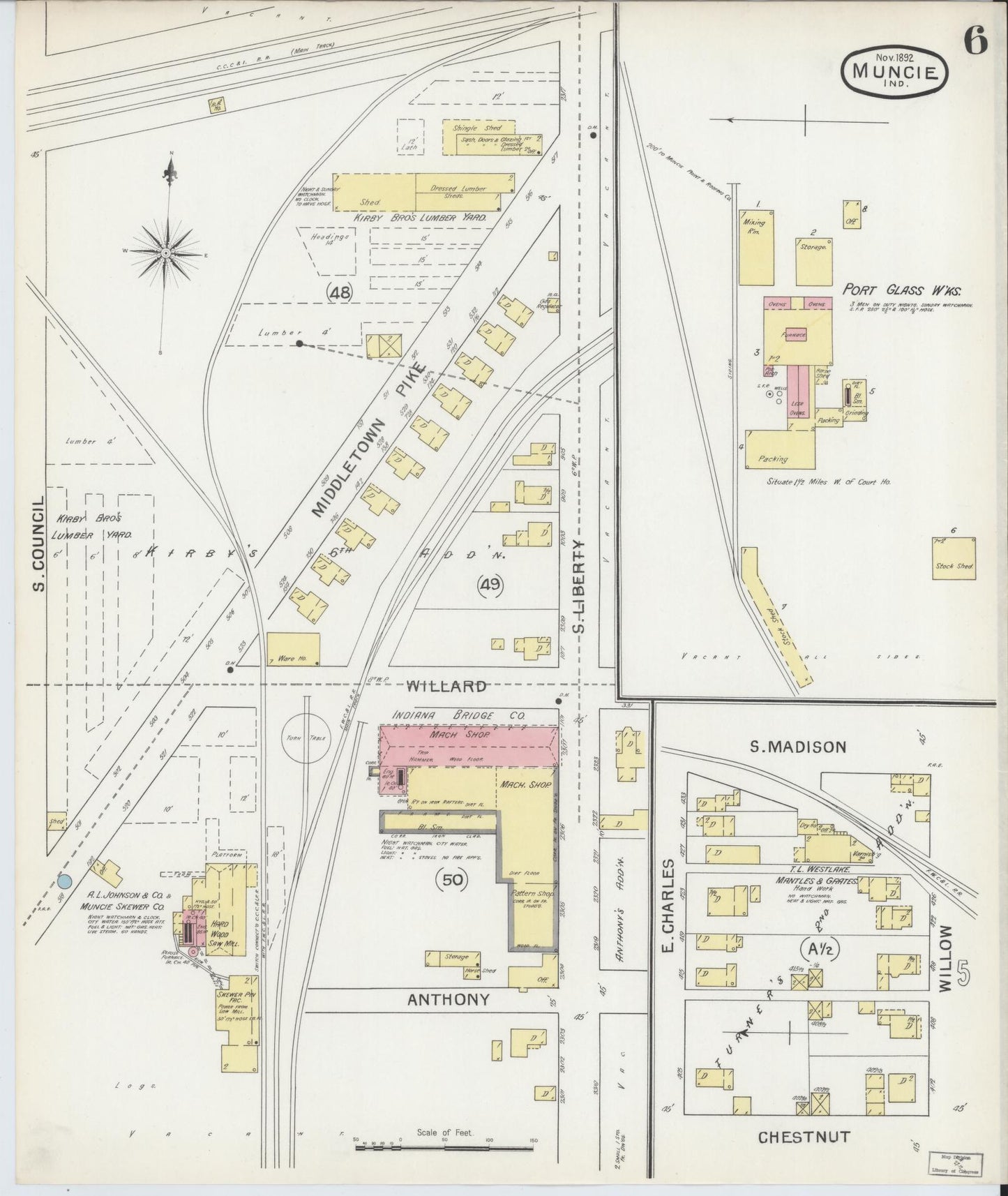 Sanborn Fire Insurance Map from Muncie, Delaware County, Indiana (1892), Sheet #0006 - Complete Map Set gallery image, historic Sanborn map, vintage wall art, Muncie Delaware
