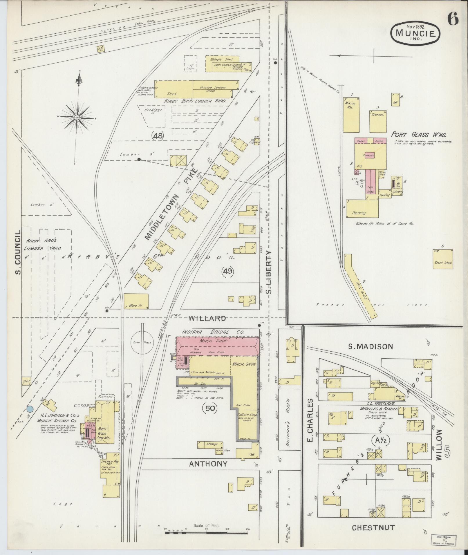 Sanborn Fire Insurance Map from Muncie, Delaware County, Indiana (1892), Sheet #0006 - Complete Map Set gallery image, historic Sanborn map, vintage wall art, Muncie Delaware