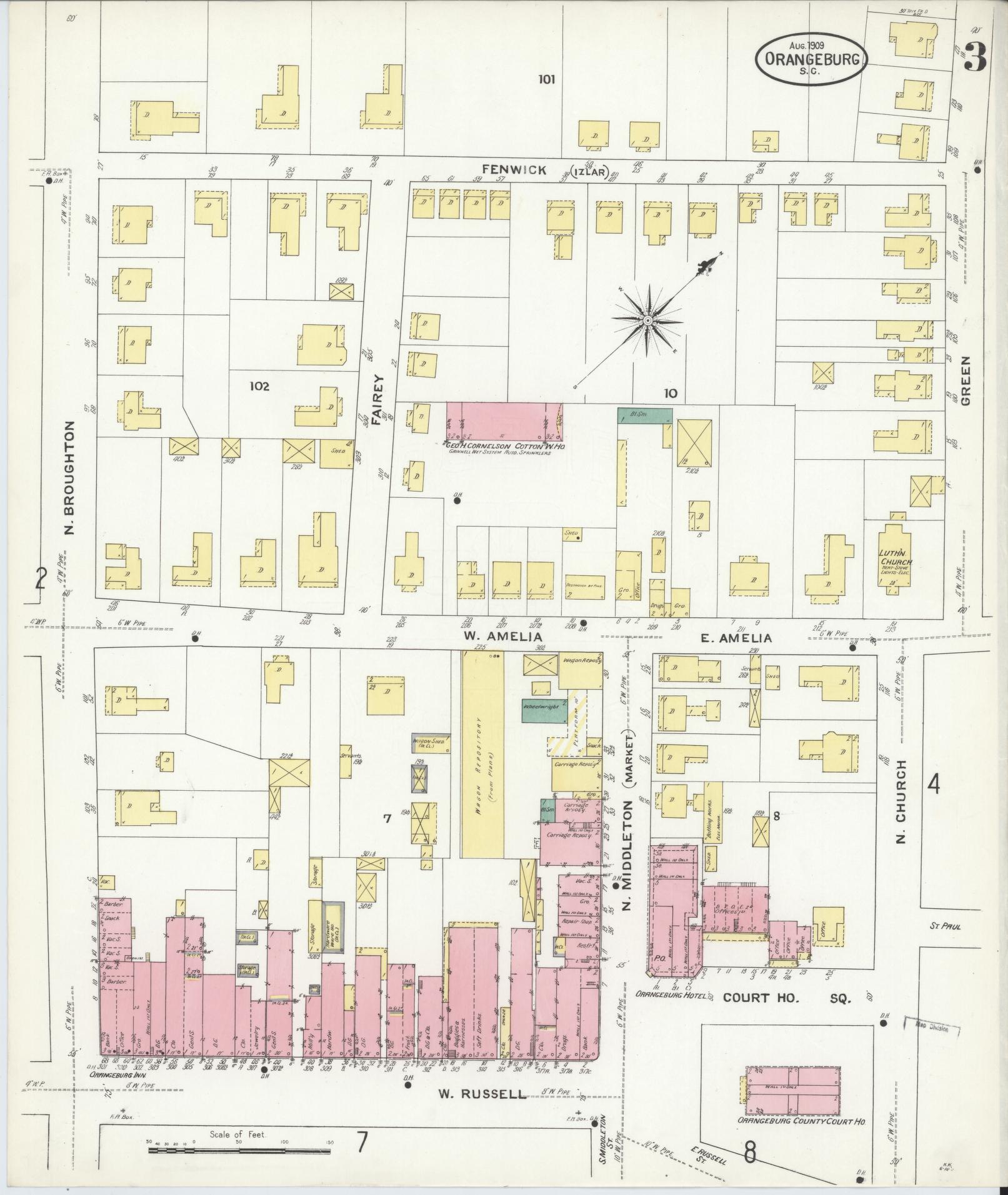 Sanborn Fire Insurance Map from Orangeburg, Orangeburg County, South Carolina (1909), Sheet #0003 - Complete Map Set gallery image, historic Sanborn map, vintage wall art, South Carolina South Carolina