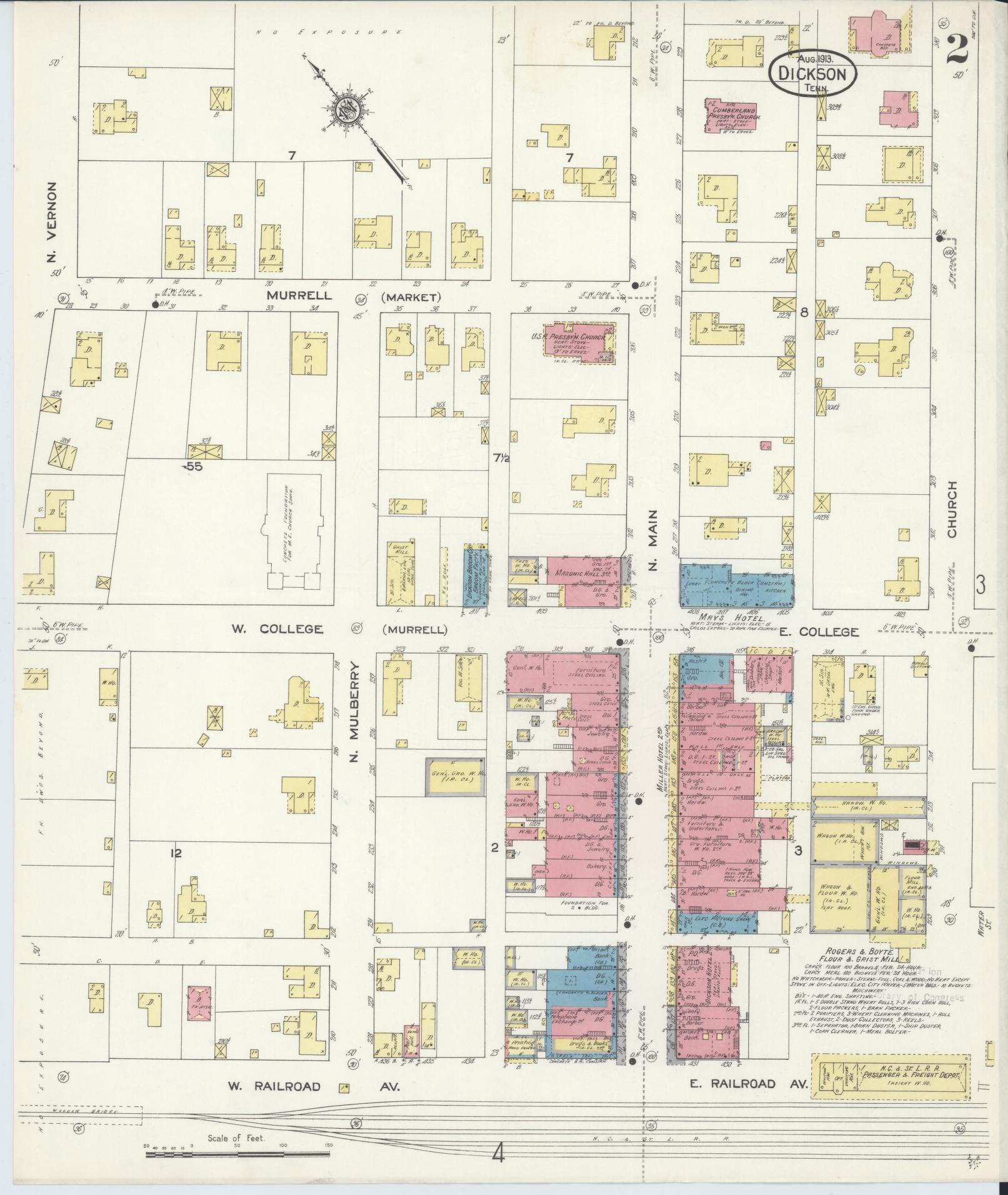 Sanborn Fire Insurance Map from Dickson, Dickson County, Tennessee (1913), Sheet #0002 - Complete Map Set gallery image, historic Sanborn map, vintage wall art, Tennessee Tennessee