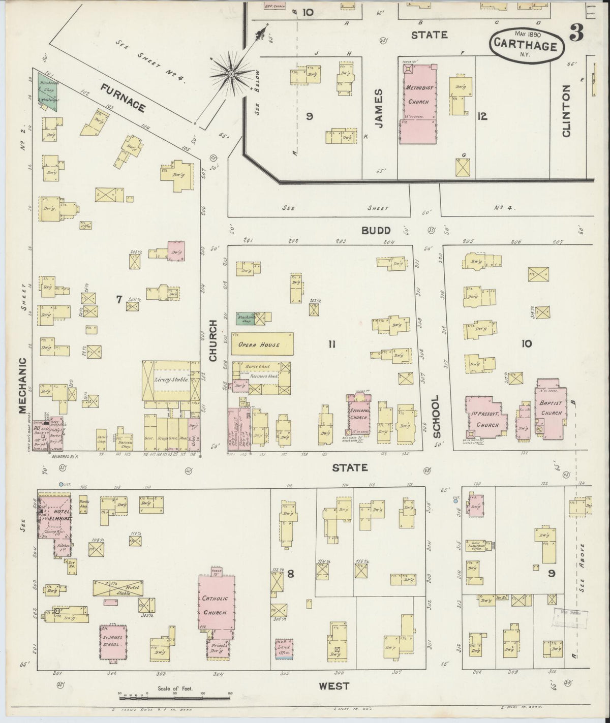 Sanborn Fire Insurance Map from Carthage, Jefferson County, New York (1890), Sheet #0003 - Complete Map Set gallery image, historic Sanborn map, vintage wall art, New York New York