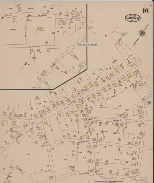 Sanborn Fire Insurance Map from Gainesville, Hall County, Georgia (1922), Sheet #0016 - Historic Sanborn Fire Insurance Map Print, vintage old map wall art, antique decor, genealogy gift, Georgia Georgia map