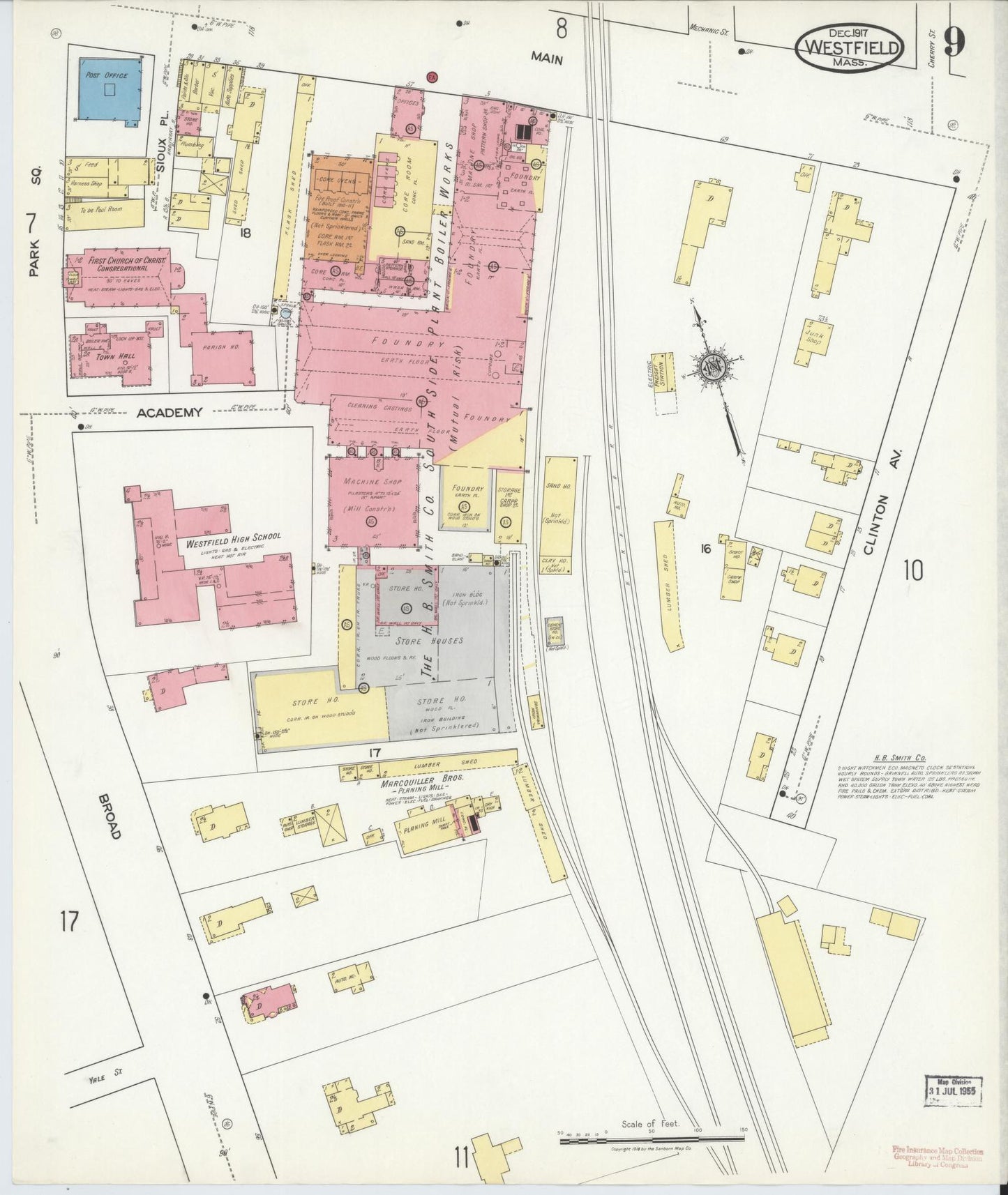 Sanborn Fire Insurance Map from Westfield, Hampden County, Massachusetts (1917), Sheet #0009 - Historic Sanborn Fire Insurance Map Print, vintage old map wall art, antique decor, genealogy gift, Massachusetts Massachusetts map