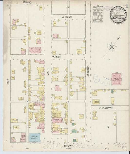 Sanborn Fire Insurance Map from New Lexington, Perry County, Ohio (1887), Sheet #0001 - Historic Sanborn Fire Insurance Map Print, vintage old map wall art, antique decor, genealogy gift, Ohio Ohio map