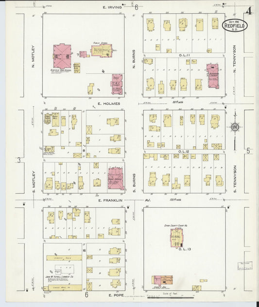 Sanborn Fire Insurance Map from Redfield, Spink County, South Dakota (1916), Sheet #0004 - Historic Sanborn Fire Insurance Map Print, vintage old map wall art, antique decor, genealogy gift, South Dakota South Dakota map