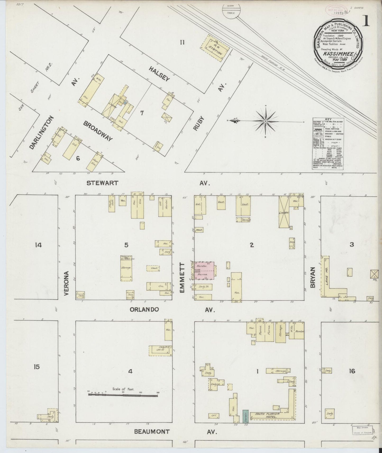 Sanborn Fire Insurance Map from Kissimmee, Osceola County, Florida (1889), Sheet #0001 - Complete Map Set gallery image, historic Sanborn map, vintage wall art, Florida Florida
