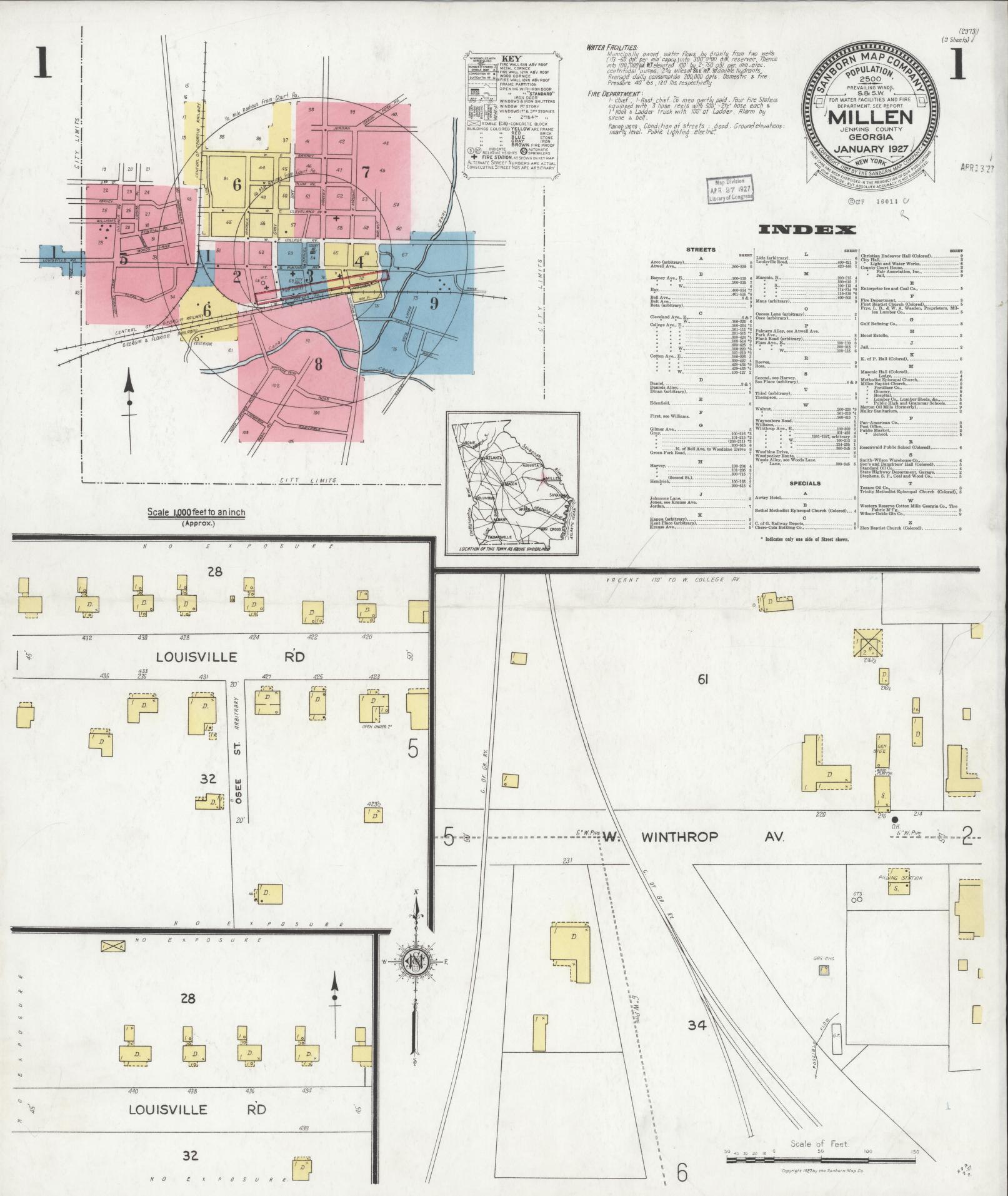 Sanborn Fire Insurance Map from Millen, Jenkins County, Georgia (1927), Sheet #0001 - Historic Sanborn Fire Insurance Map Print, vintage old map wall art, antique decor, genealogy gift, Georgia Georgia map