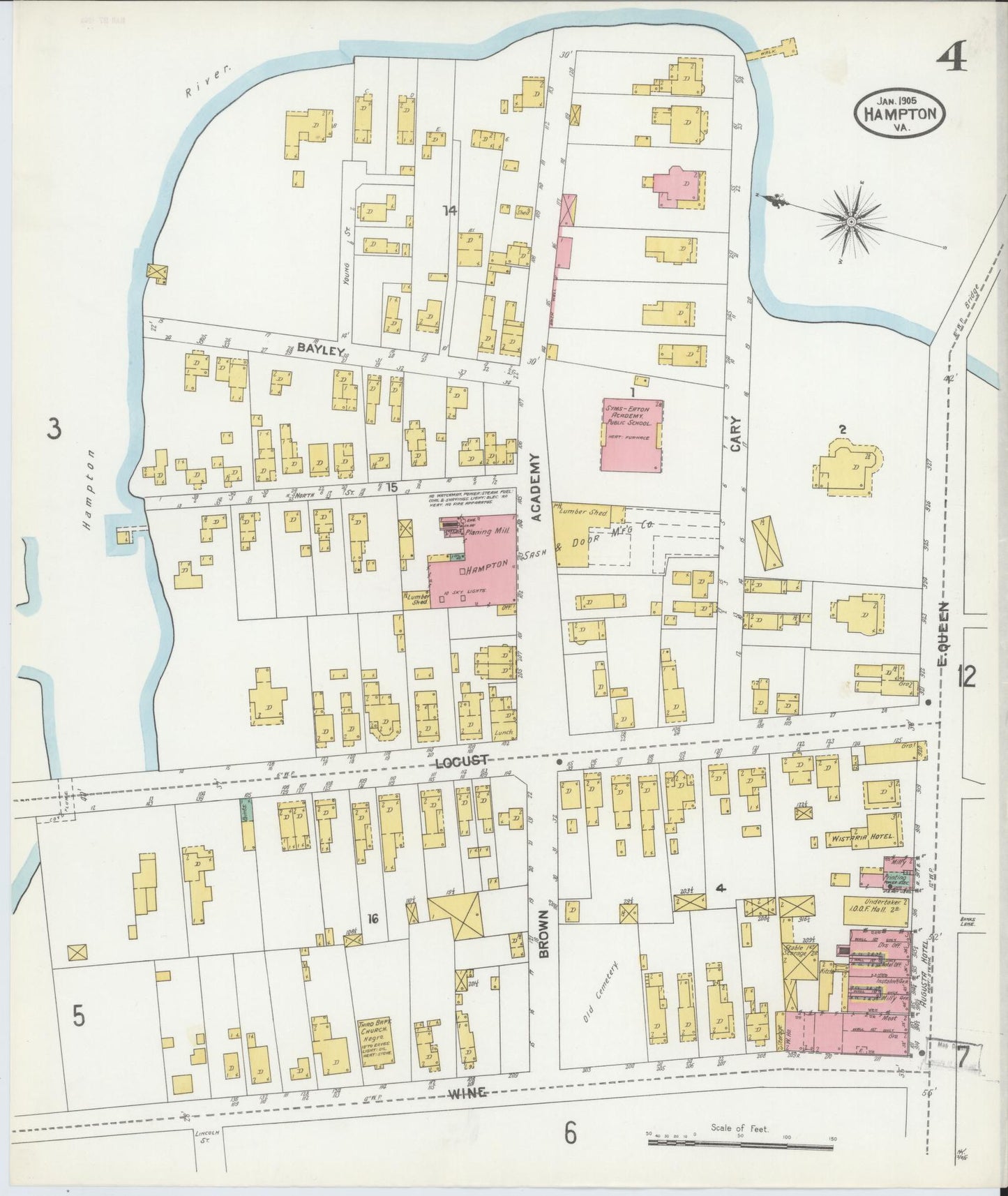 Sanborn Fire Insurance Map from Hampton, Independent Cities, Virginia (1905), Sheet #0004 - Complete Map Set gallery image, historic Sanborn map, vintage wall art, Virginia Virginia