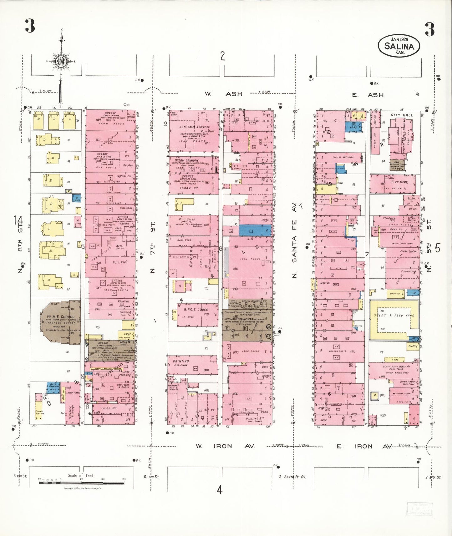 Sanborn Fire Insurance Map from Salina, Saline County, Kansas (1926), Sheet #0003 - Complete Map Set gallery image, historic Sanborn map, vintage wall art, Kansas Kansas