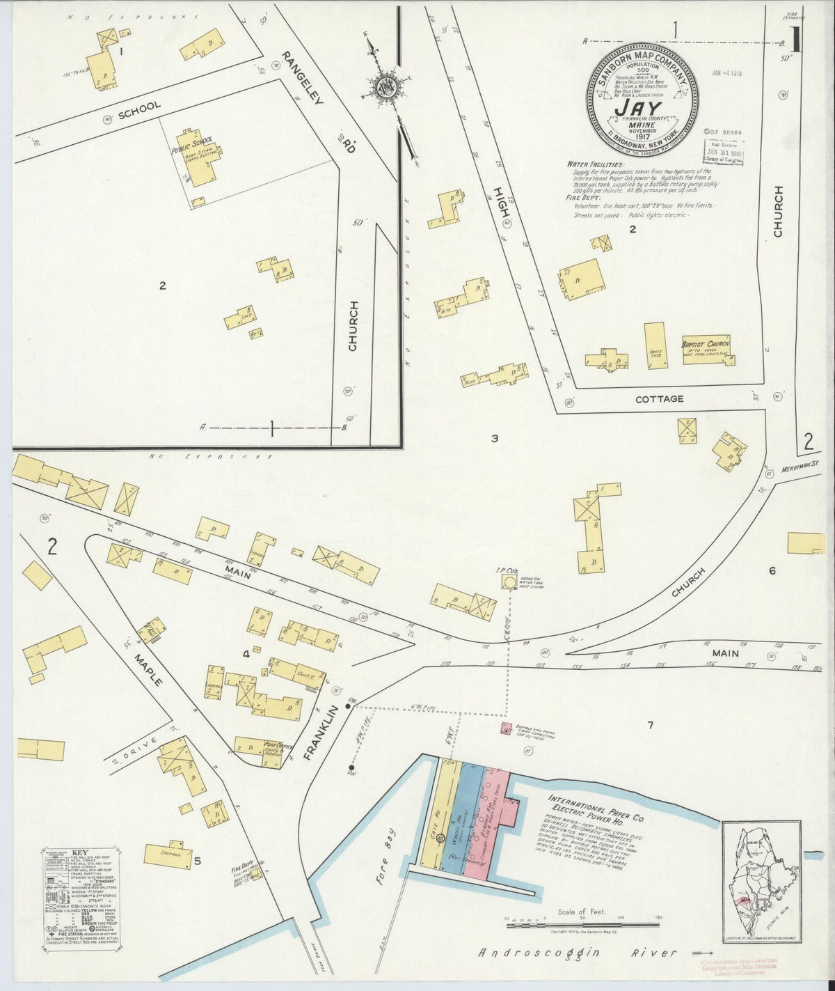 Sanborn Fire Insurance Map from Jay, Franklin County, Maine (1917), Sheet #0001 - Historic Sanborn Fire Insurance Map Print, vintage old map wall art, antique decor, genealogy gift, Maine Maine map