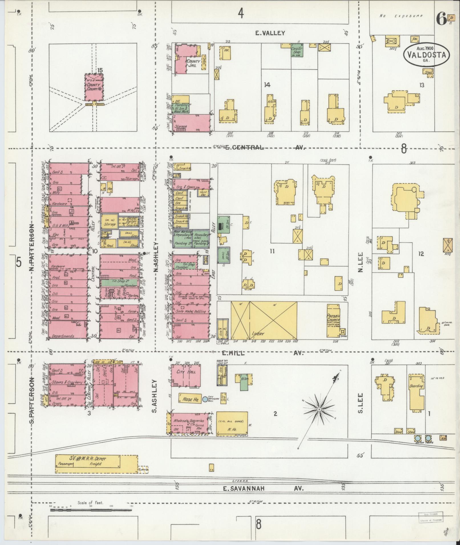 Sanborn Fire Insurance Map from Valdosta, Lowndes County, Georgia (1900), Sheet #0006 - Complete Map Set gallery image, historic Sanborn map, vintage wall art, Georgia Georgia
