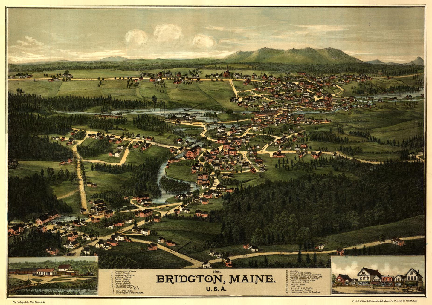 Bridgton, Maine, U.S.A. : 1888 (1888) – Historic Bird’s-Eye View Panorama Print