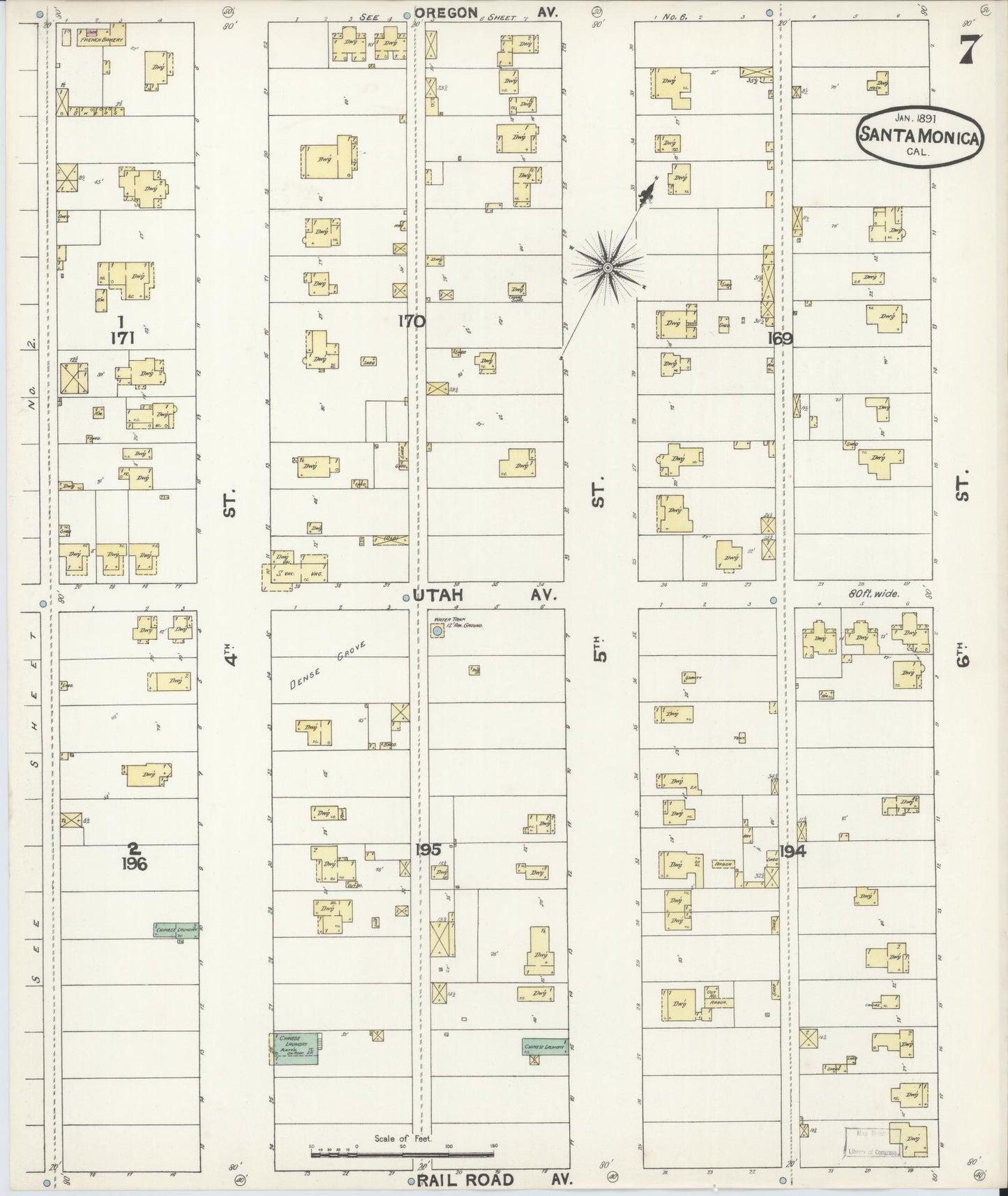 Sanborn Fire Insurance Map from Santa Monica, Los Angeles County, California (1891), Sheet #0007 - Complete Map Set gallery image, historic Sanborn map, vintage wall art, California California