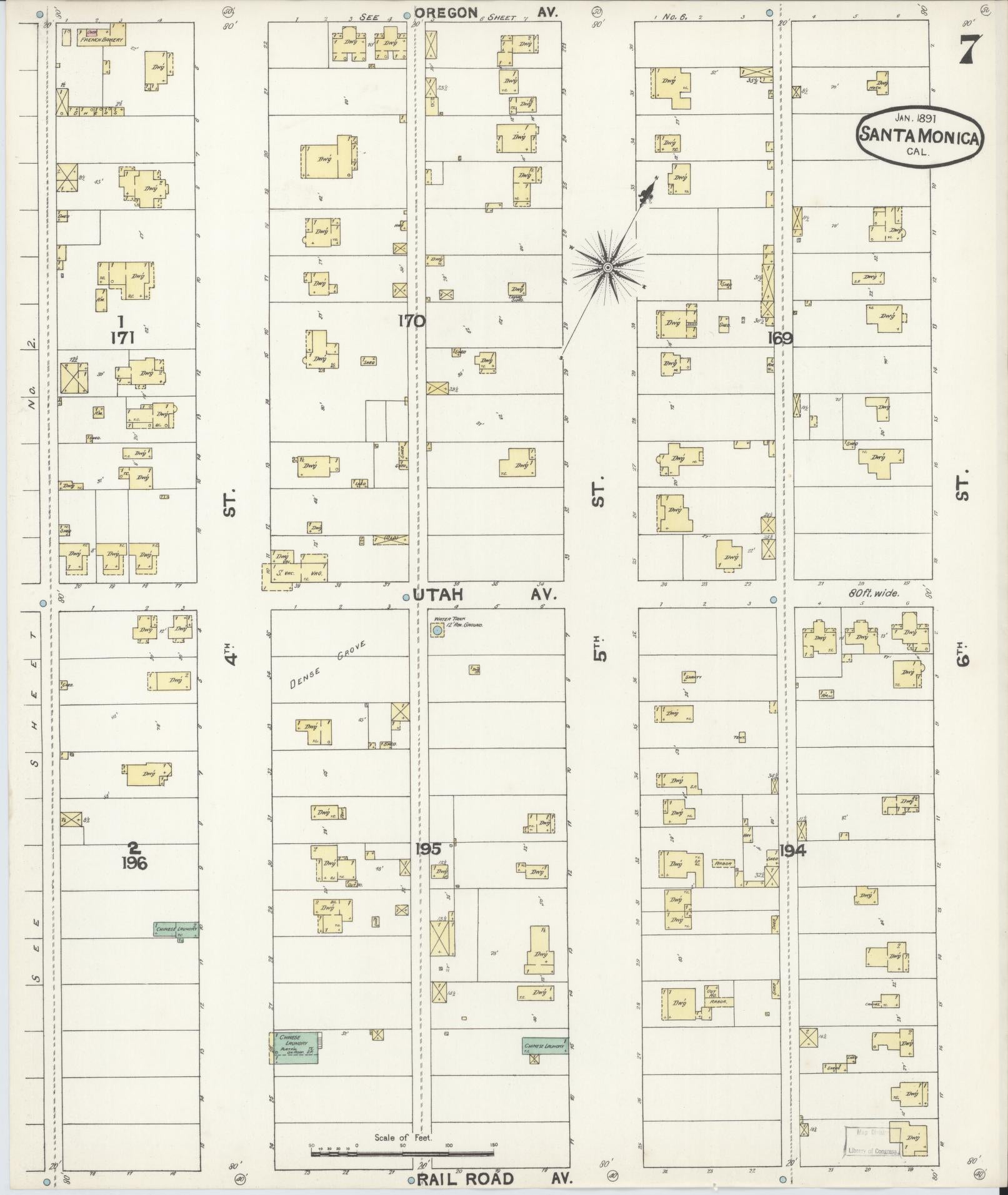 Sanborn Fire Insurance Map from Santa Monica, Los Angeles County, California (1891), Sheet #0007 - Complete Map Set gallery image, historic Sanborn map, vintage wall art, California California
