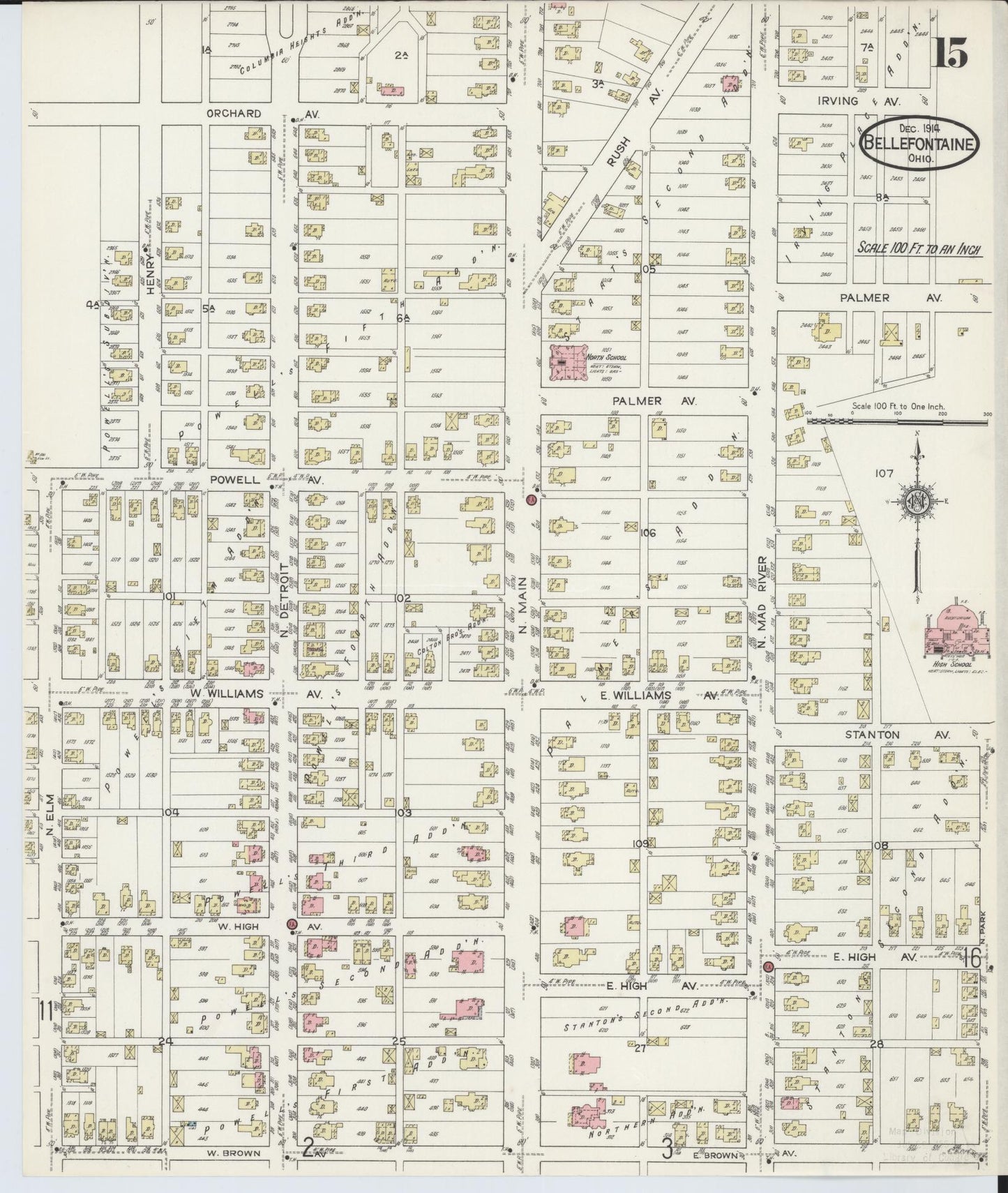 Sanborn Fire Insurance Map from Bellefontaine, Logan County, Ohio (1914), Sheet #0015 - Historic Sanborn Fire Insurance Map Print, vintage old map wall art, antique decor, genealogy gift, Ohio Ohio map