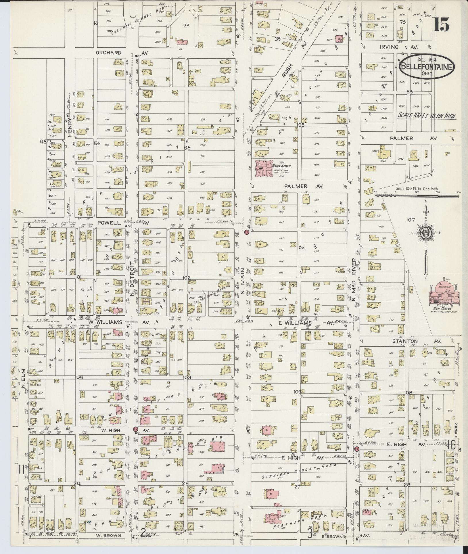 Sanborn Fire Insurance Map from Bellefontaine, Logan County, Ohio (1914), Sheet #0015 - Historic Sanborn Fire Insurance Map Print, vintage old map wall art, antique decor, genealogy gift, Ohio Ohio map
