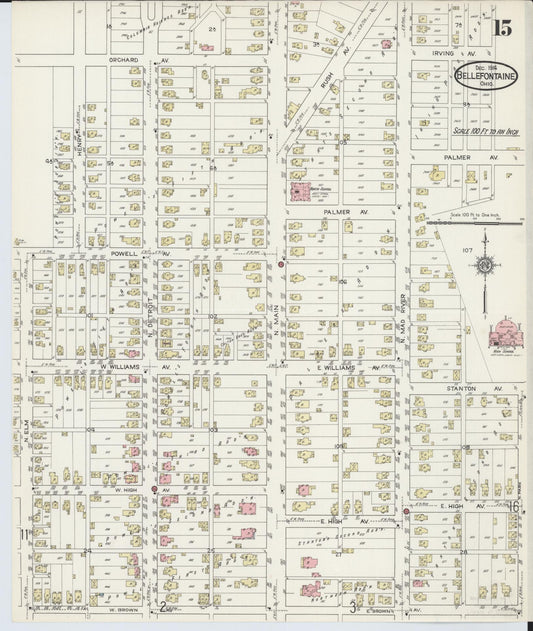 Sanborn Fire Insurance Map from Bellefontaine, Logan County, Ohio (1914), Sheet #0015 - Historic Sanborn Fire Insurance Map Print, vintage old map wall art, antique decor, genealogy gift, Ohio Ohio map