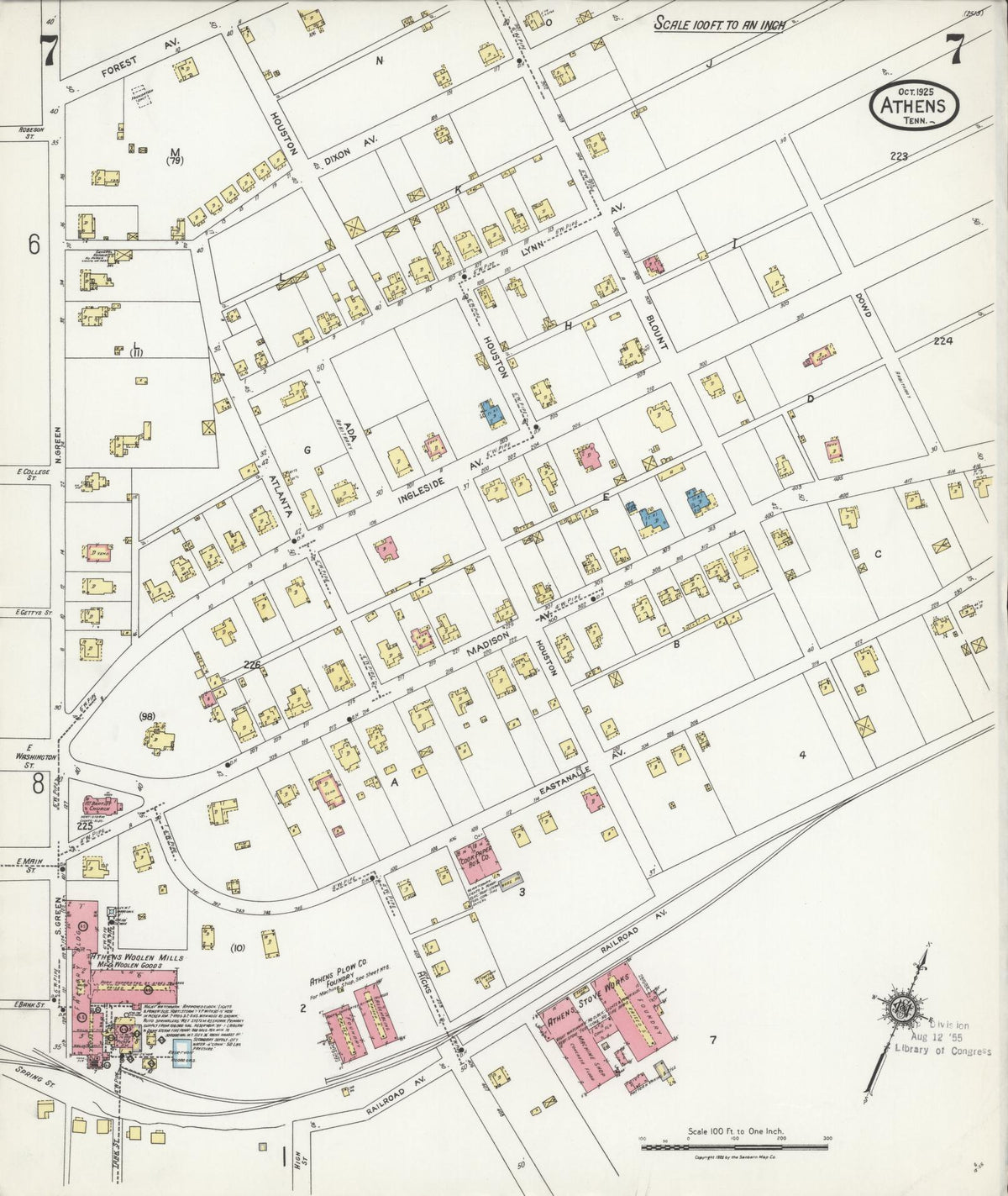 Sanborn Fire Insurance Map from Athens, McMinn County, Tennessee (1925), Sheet #0007 - Complete Map Set gallery image, historic Sanborn map, vintage wall art, Tennessee Tennessee