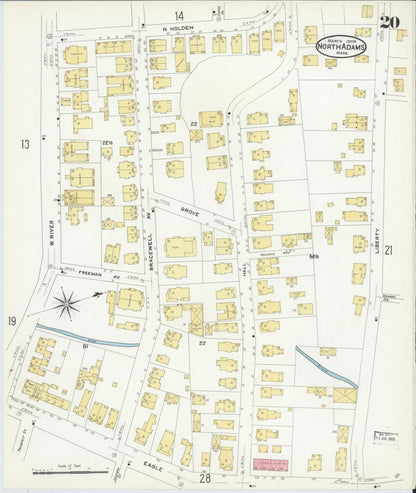 Sanborn Fire Insurance Map from North Adams, Berkshire County, Massachusetts (1908), Sheet #0020 - Historic Sanborn Fire Insurance Map Print, vintage old map wall art, antique decor, genealogy gift, Massachusetts Massachusetts map