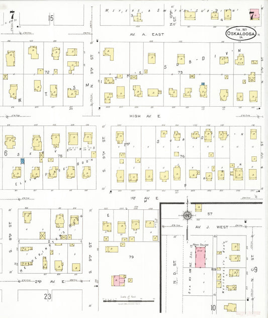 Sanborn Fire Insurance Map from Oskaloosa, Mahaska County, Iowa (1927), Sheet #0007 - Historic Sanborn Fire Insurance Map Print, vintage old map wall art