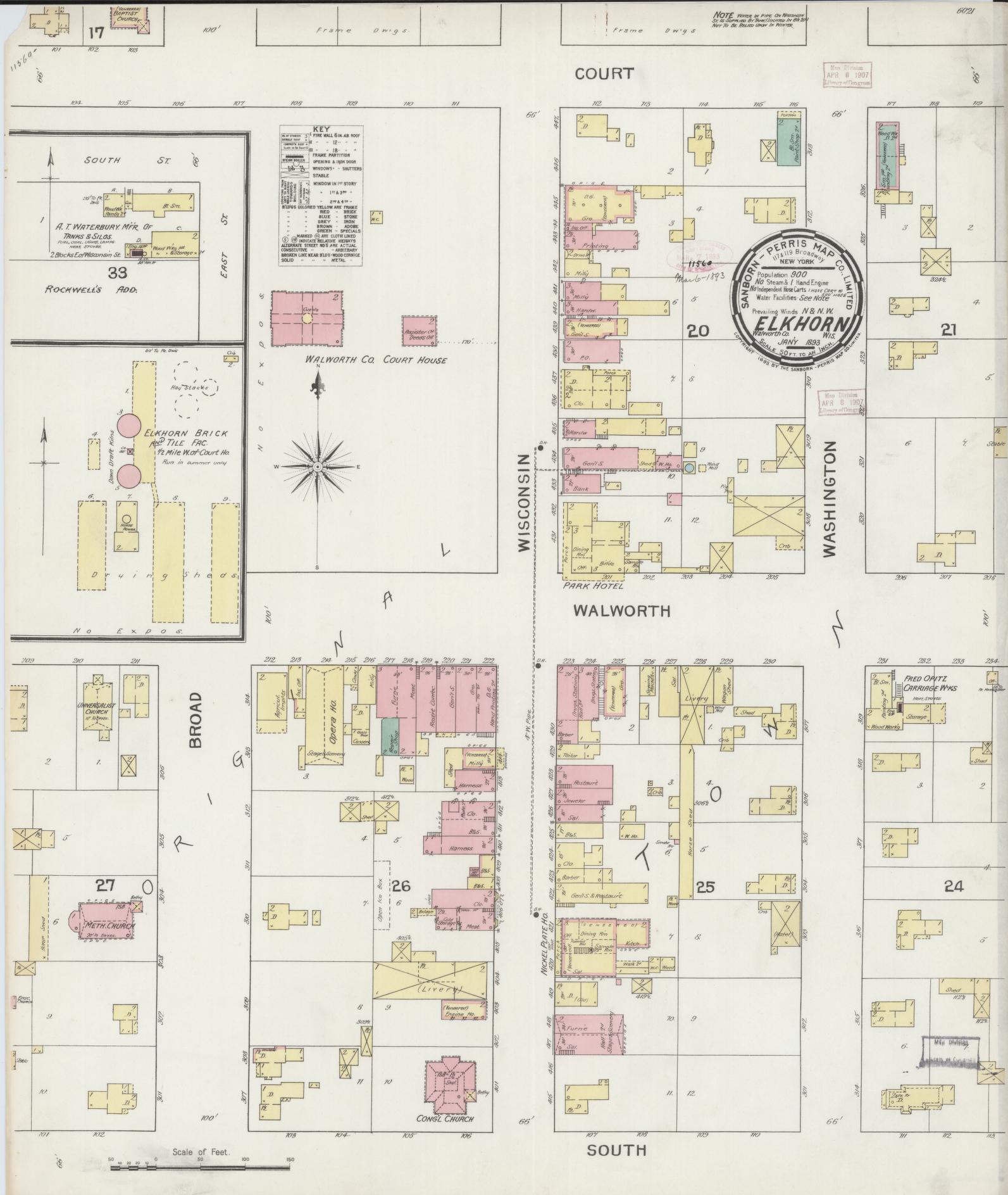 Sanborn Fire Insurance Map from Elkhorn, Walworth County, Wisconsin (1893), Sheet #0001 - Historic Sanborn Fire Insurance Map Print, vintage old map wall art, antique decor, genealogy gift, Wisconsin Wisconsin map