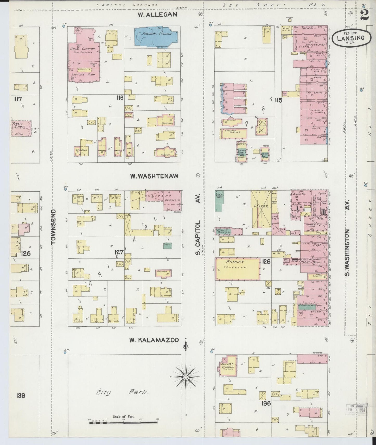 Sanborn Fire Insurance Map from Lansing, Ingham County, Michigan (1892), Sheet #0002 - Complete Map Set gallery image, historic Sanborn map, vintage wall art, Michigan Michigan